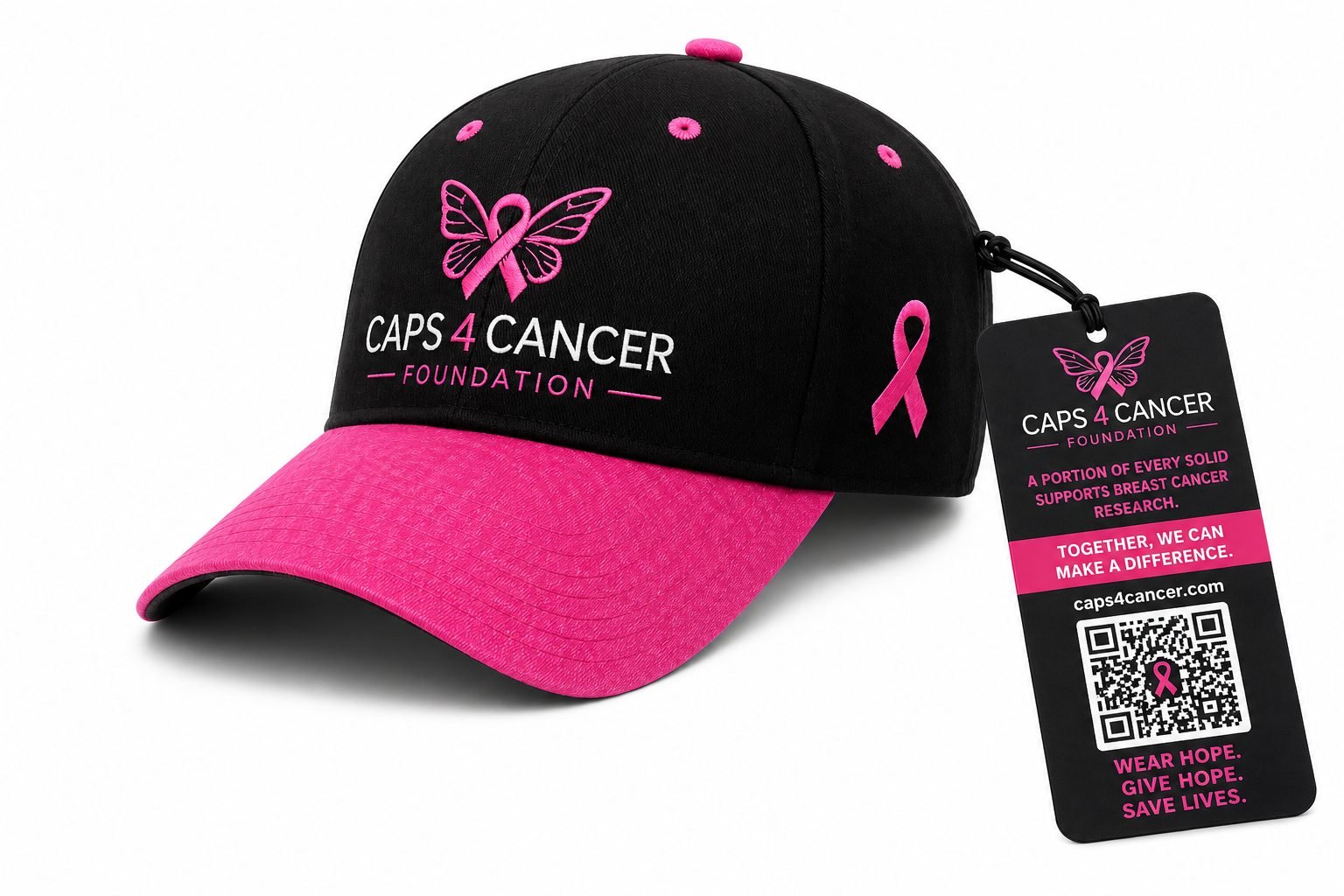 The Signature Cap — black crown, pink brim, embroidered CAPS4CANCER logo.